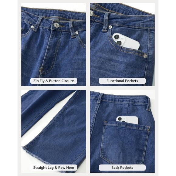 Women’s High Waisted Straight Leg Jeans Frayed Hem Stretchy Denim Casual - Picture 5 of 6